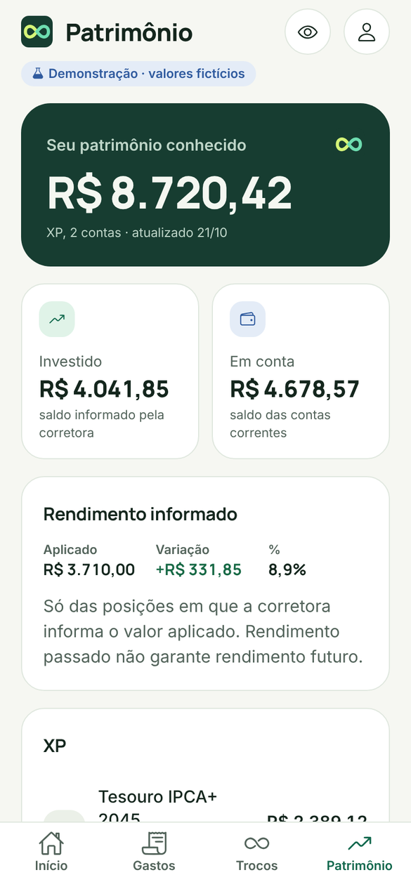 Tela Patrimônio: patrimônio conhecido com fonte, investido e em conta (demonstração)