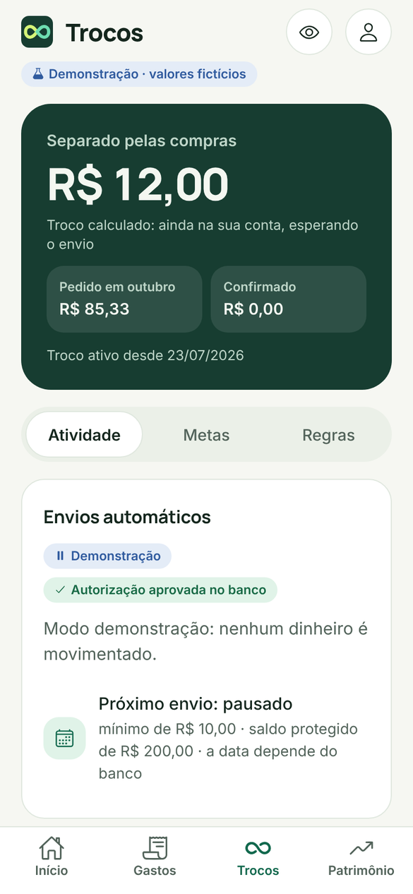 Tela Trocos: valor separado pelas compras, envios pausados e como o troco funciona (modo demonstração)